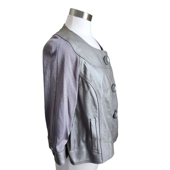 Nygard Jacket Pewter Leather Front Trim Collarless‎ Knit Back 3/4 Sleeves Size L - Picture 6 of 16